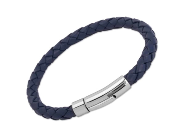 Blue Leather Bracelet with Steel Clasp
